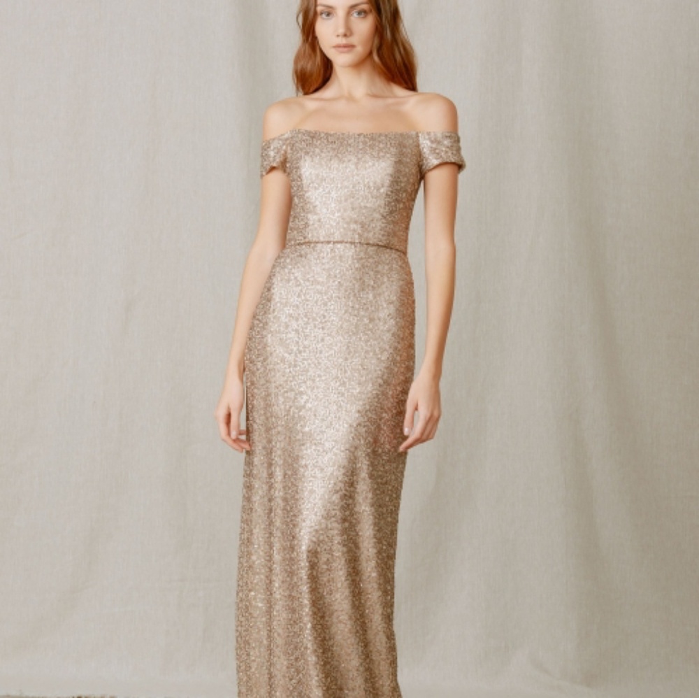 Amsale gold sequin bridesmaid dress